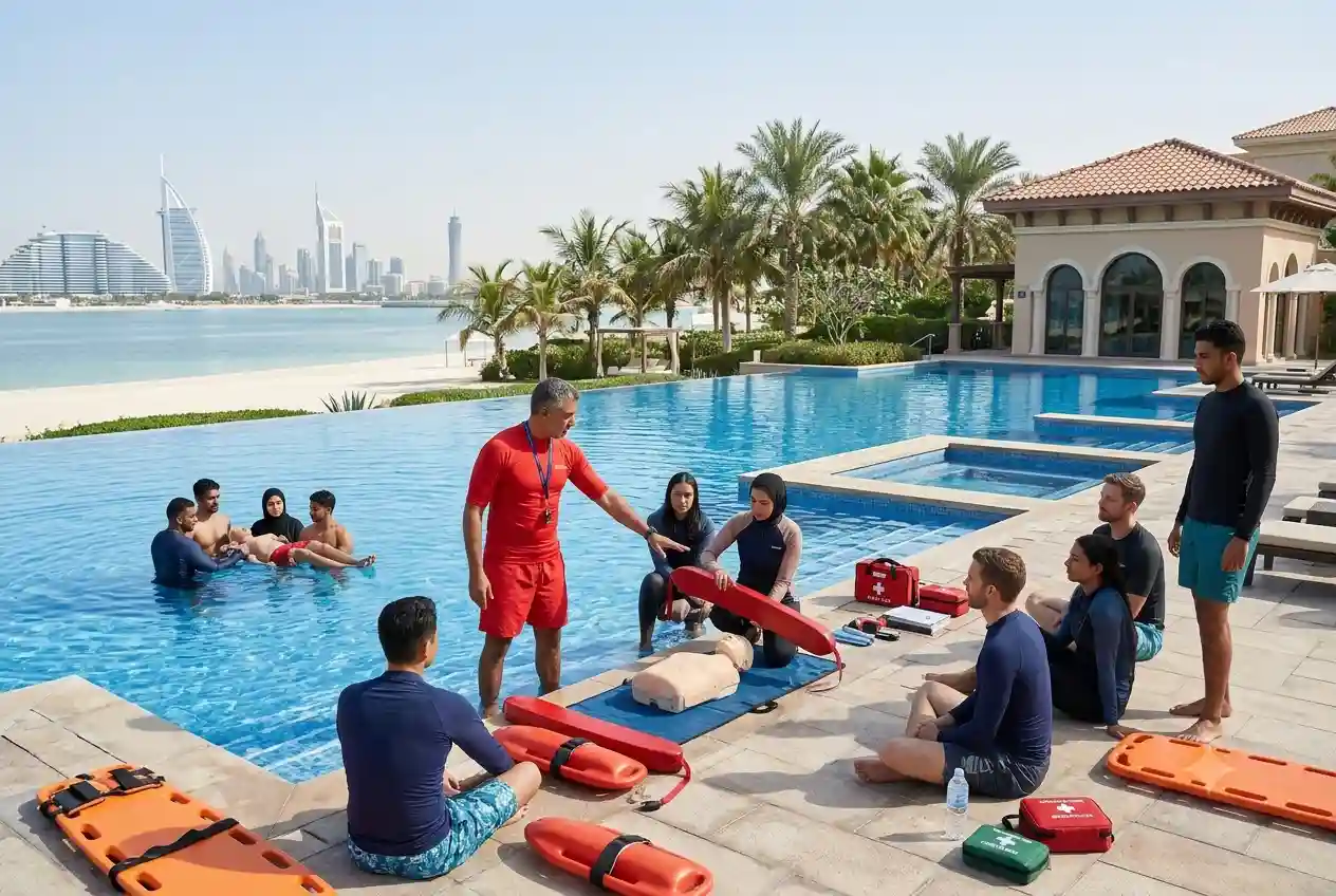 Lifeguard trainees learning aquatic safety and rescue techniques in the UAE