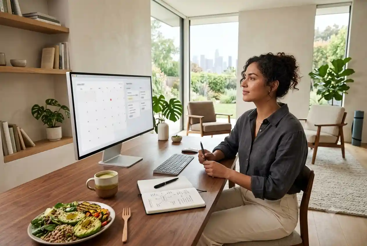 Modern lifestyle design setup featuring planning, productivity, and wellbeing elements