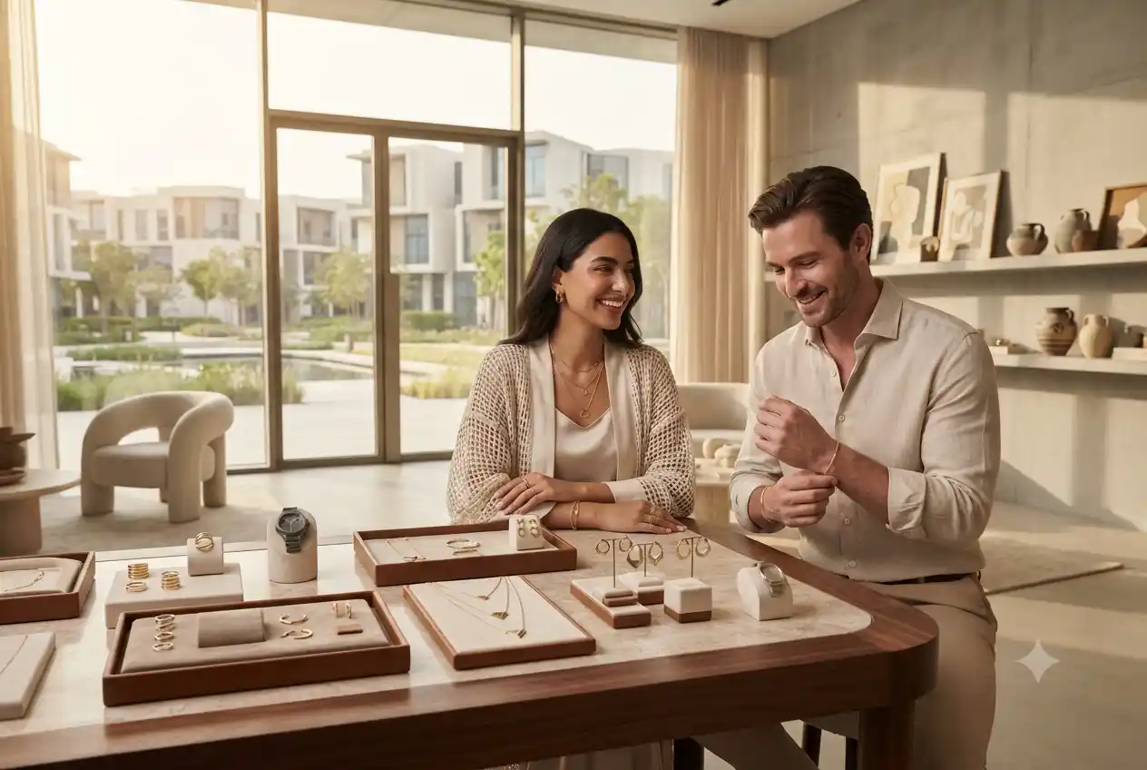 Contemporary lifestyle jewelry and fashion accessories styled in a premium UAE setting