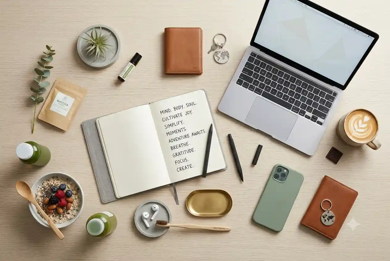 Collection of modern lifestyle items representing personal growth and wellbeing concepts