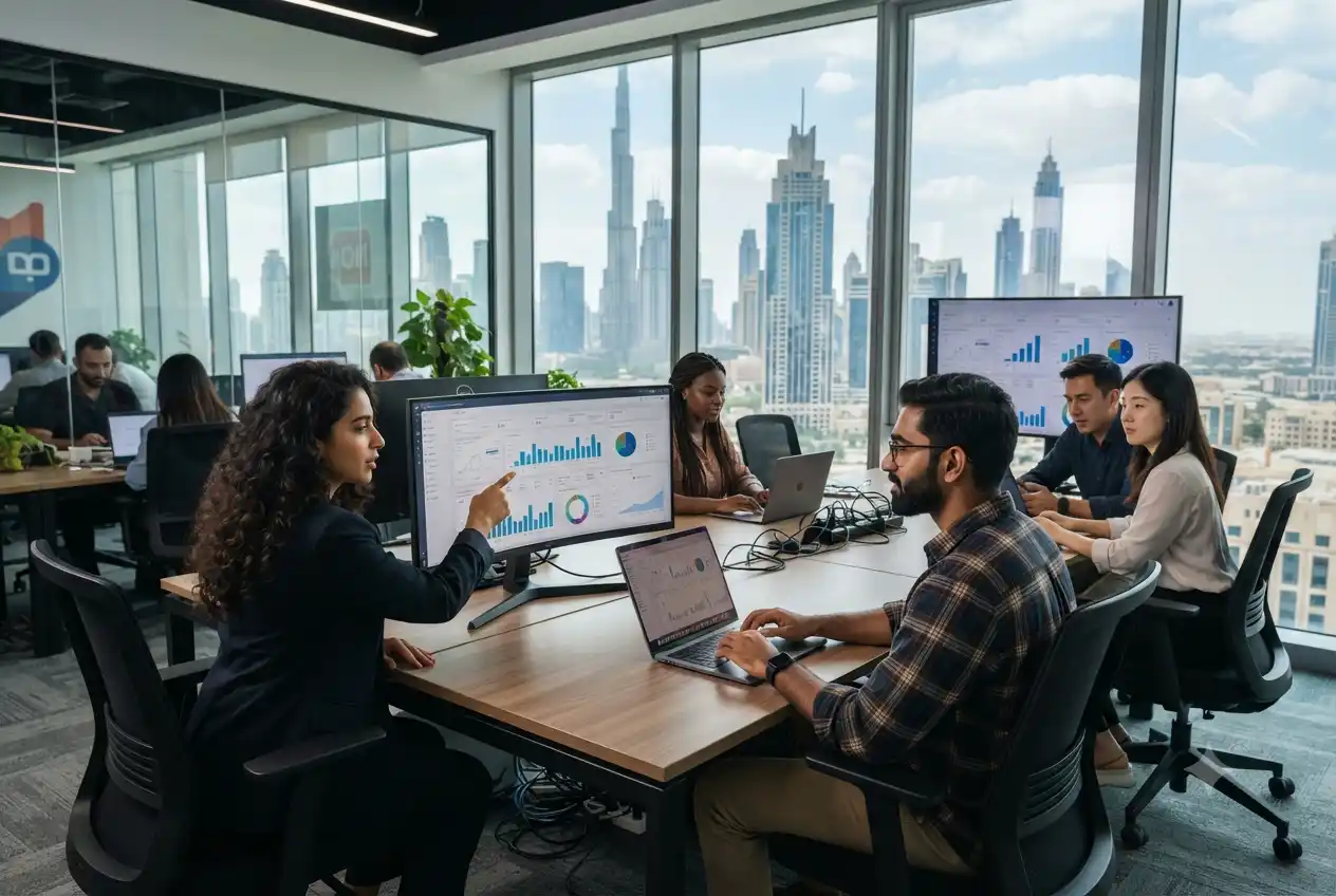 digital marketing team working in modern Dubai office with analytics screens