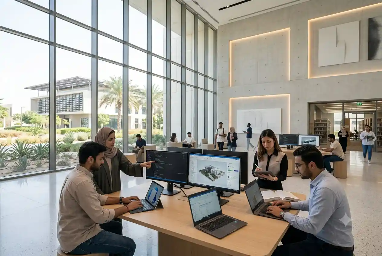 tudents studying at a modern technology-focused college campus in the UAE