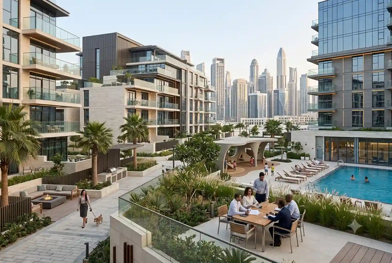 Contemporary lifestyle apartment development featuring modern architecture and community amenities