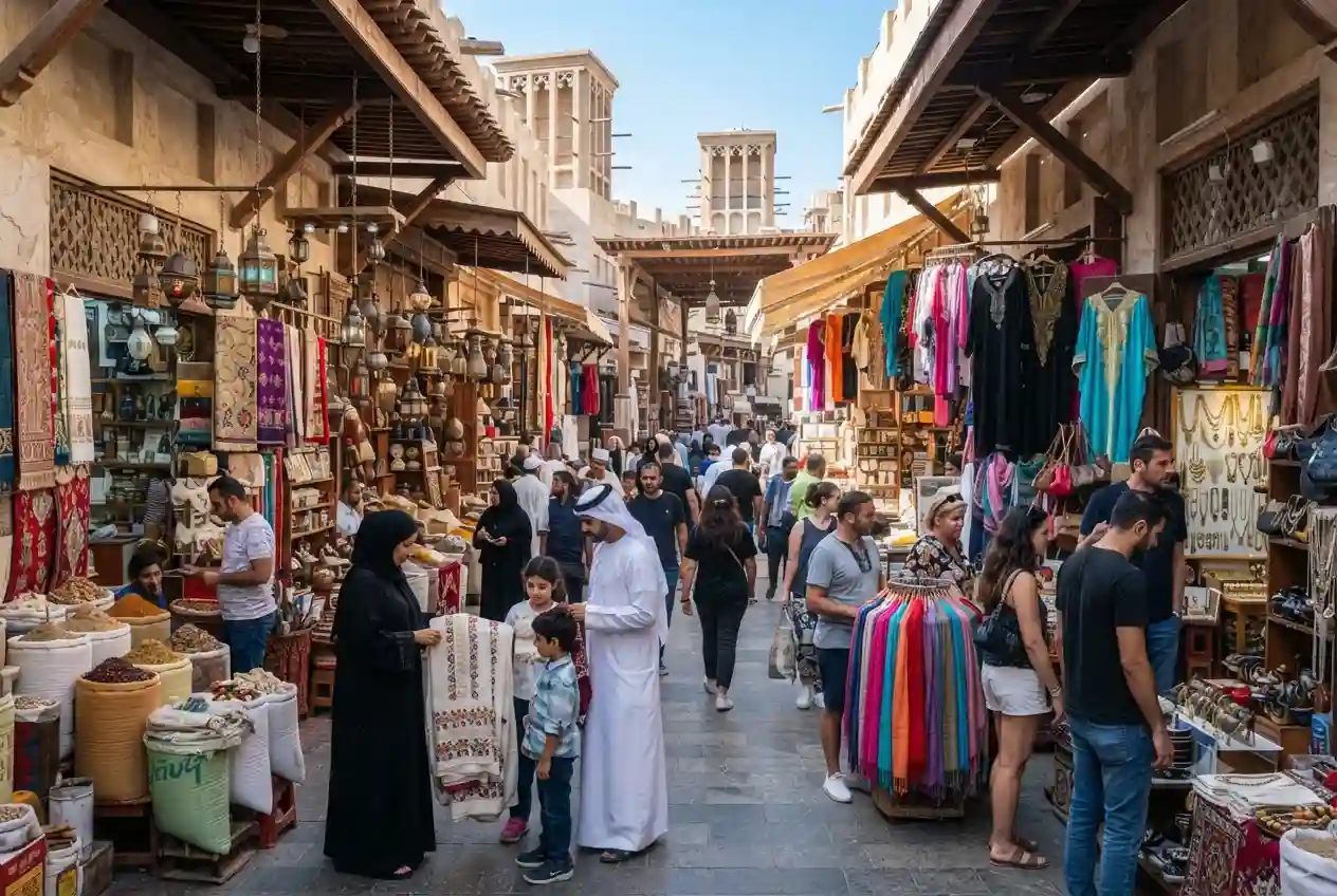 Shoppers exploring retail stores and products at Madina Market Dubai