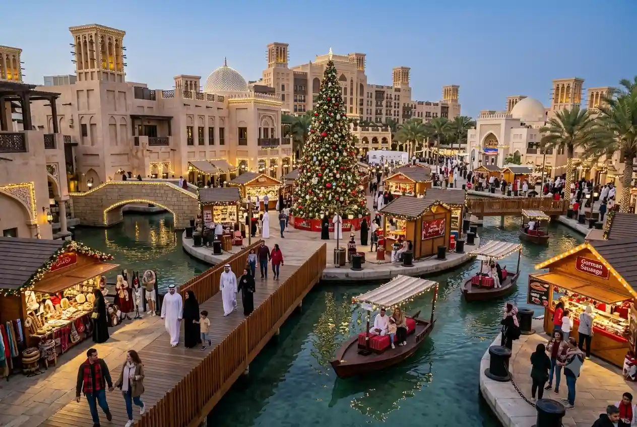 Visitors enjoying festive decorations at Madinat Jumeirah Christmas Market 2021