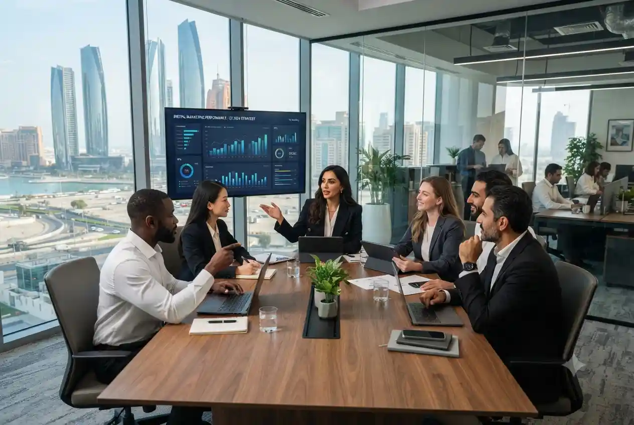 Marketing professionals collaborating in a modern Abu Dhabi business office