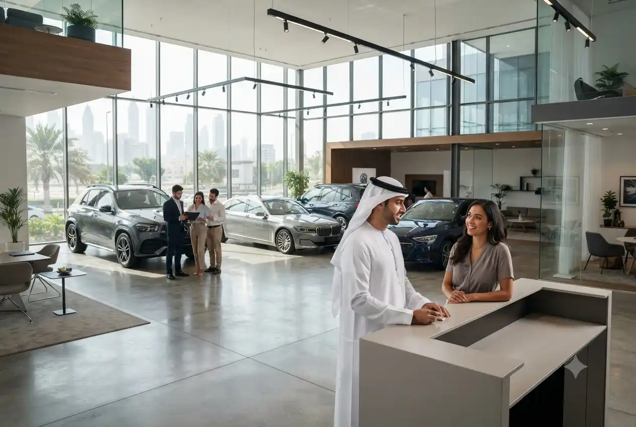 Modern automotive dealership showroom in the UAE with new passenger vehicles