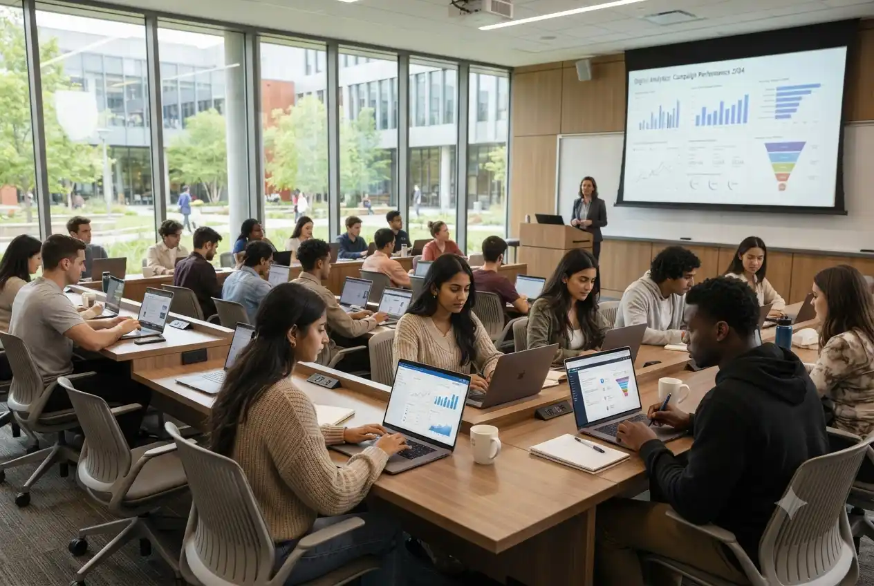 students studying master marketing digital course in modern university classroom