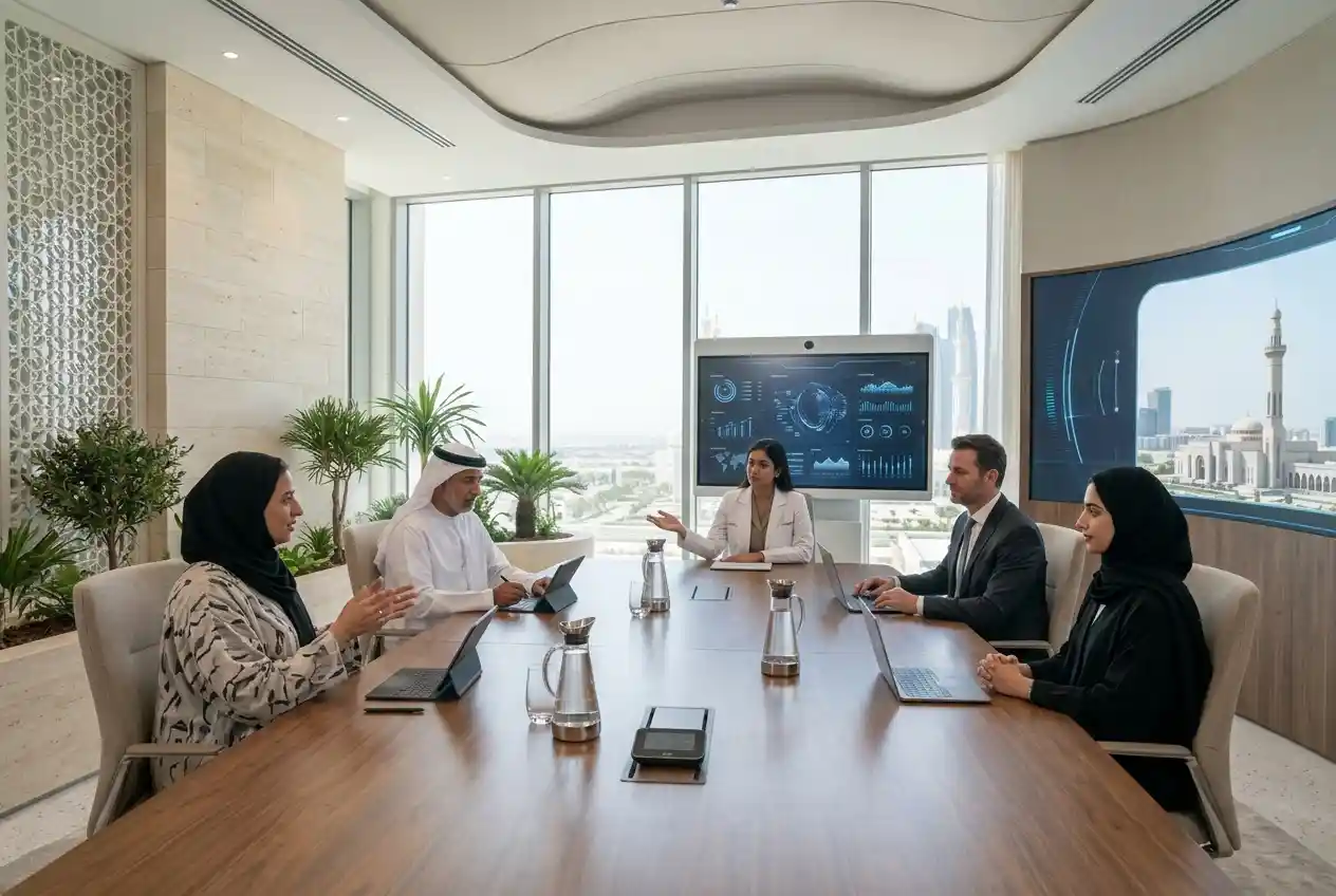 Healthcare management professionals discussing leadership strategies in a UAE healthcare organization