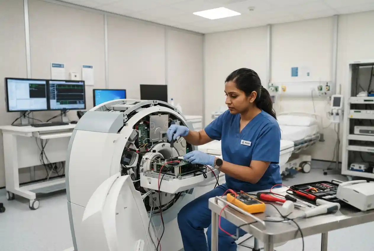 Technician inspecting modern hospital equipment