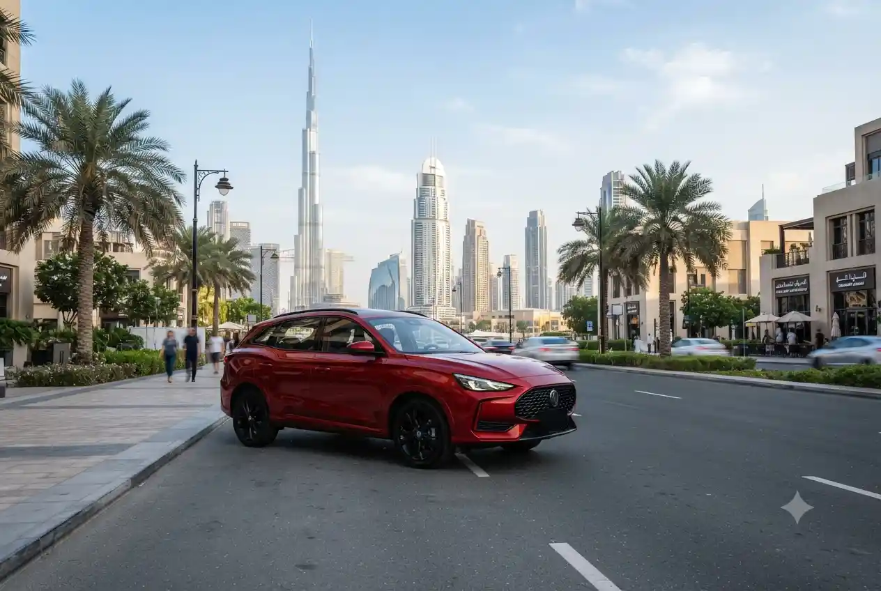 MG SUV parked in Dubai city showcasing modern design