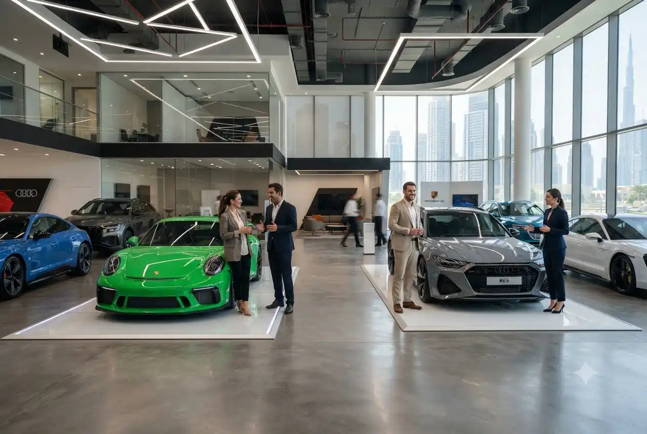 luxury car showroom in Dubai with Audi and Porsche vehicles