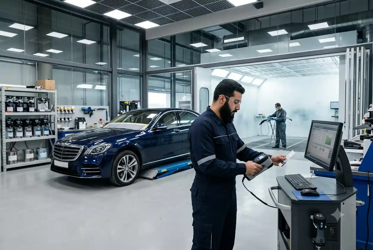 Professional automotive refinishing process in a modern UAE vehicle repair facility