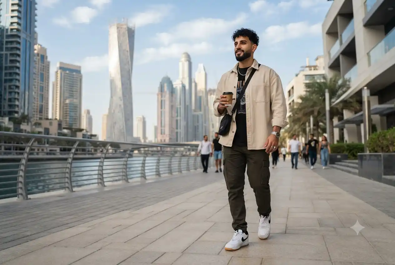 person wearing Nike lifestyle shoes in Dubai urban setting