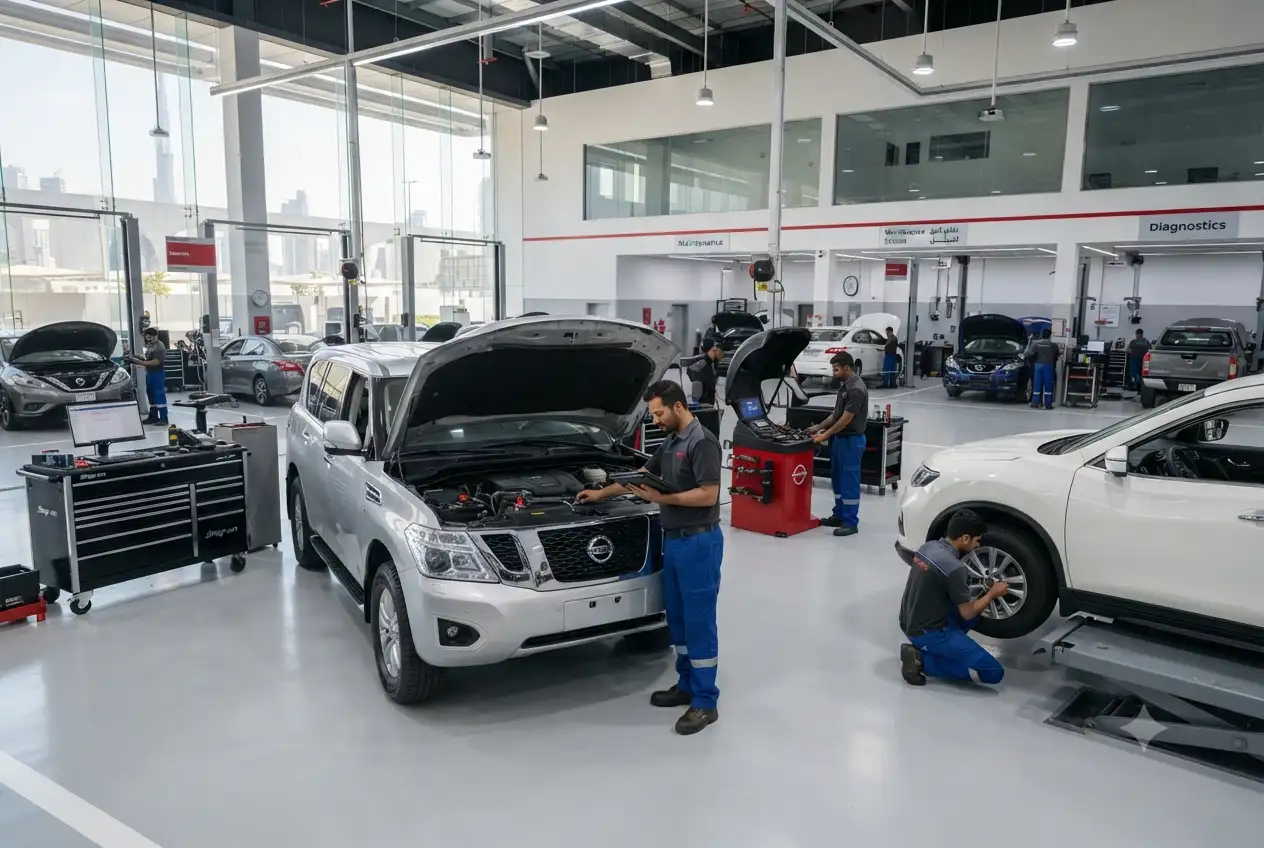 Nissan service center with technicians repairing cars in UAE
