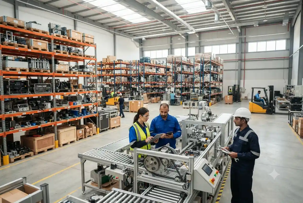 Engineers inspecting industrial equipment in a UAE warehouse