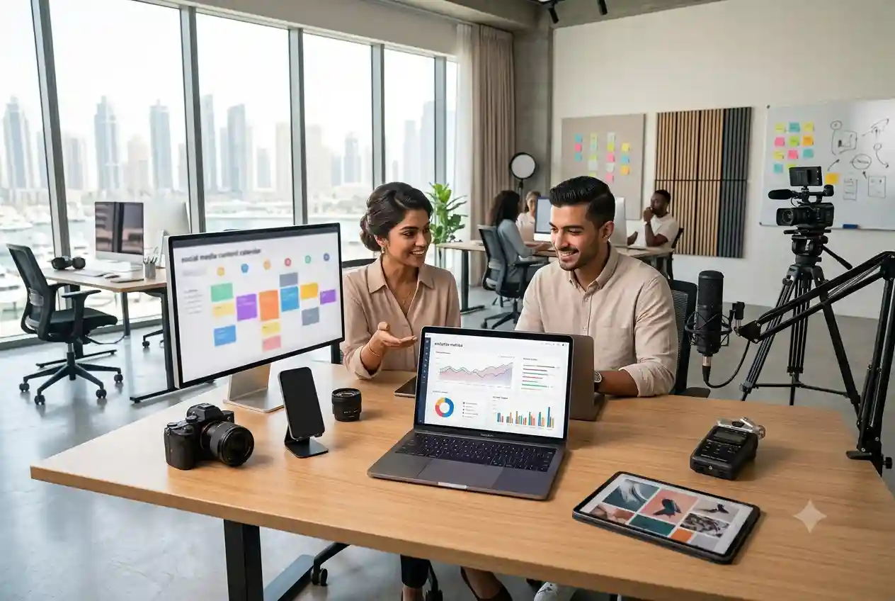 Digital media workspace representing creator economy and online content trends