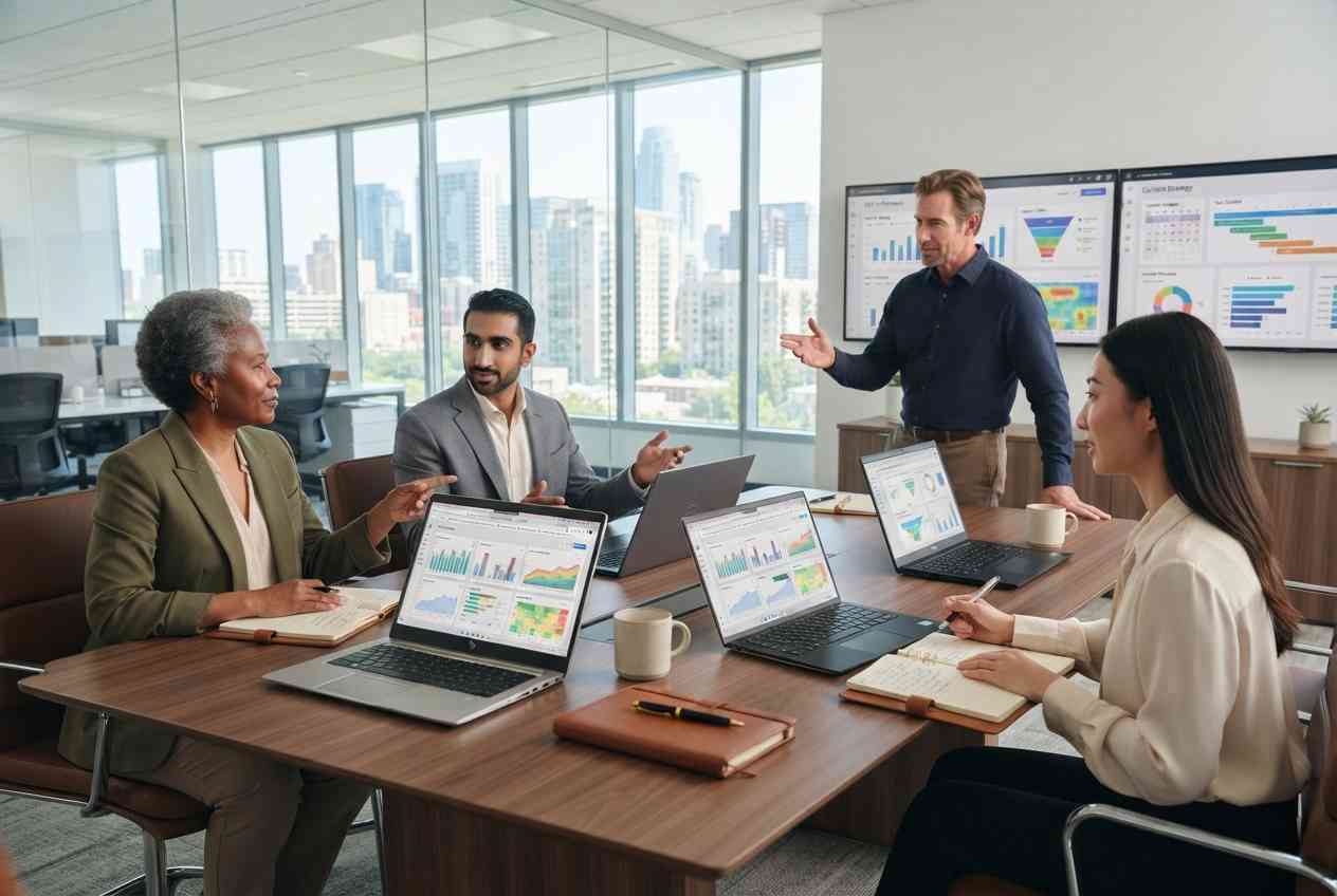 Marketing professionals planning an organic digital marketing strategy using SEO and content analytics.