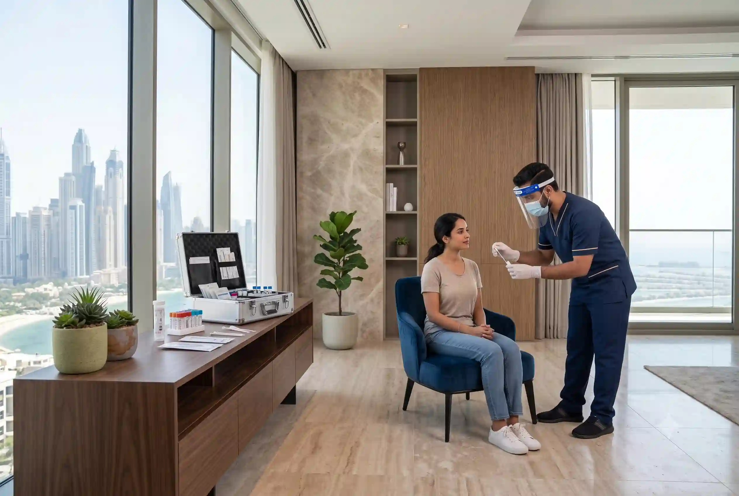 Healthcare professional performing a home PCR test in Dubai