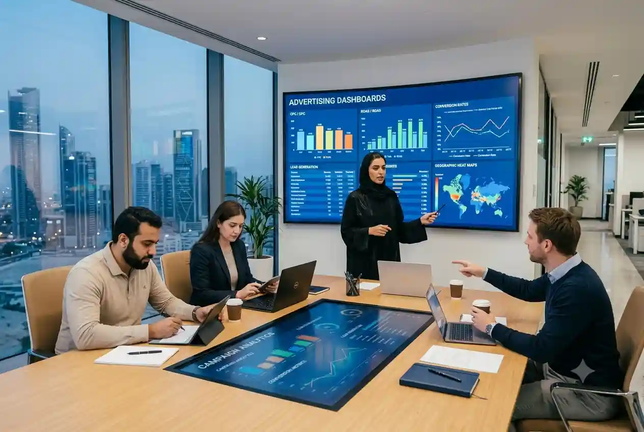 Marketing team reviewing performance marketing campaign analytics and conversions