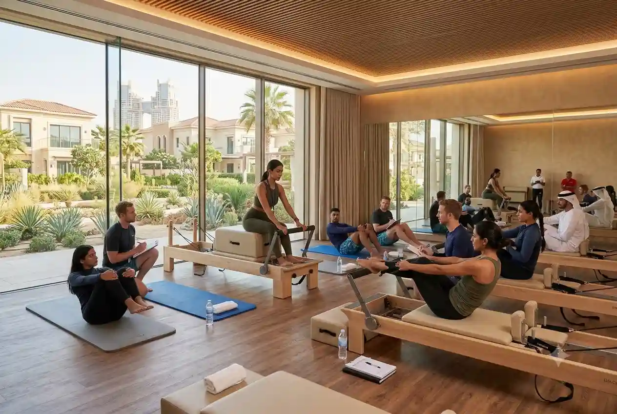 Pilates instructor trainees learning exercise techniques in a professional fitness studio