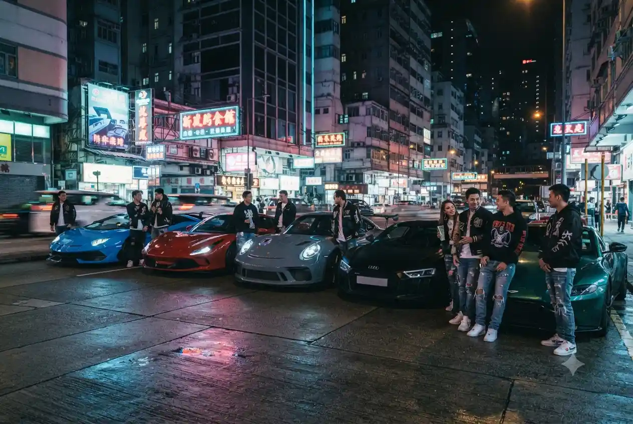 Luxury cars at night with neon lights inspired by music video