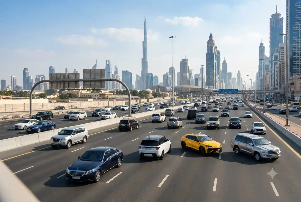 Multiple popular cars driving on Dubai highway