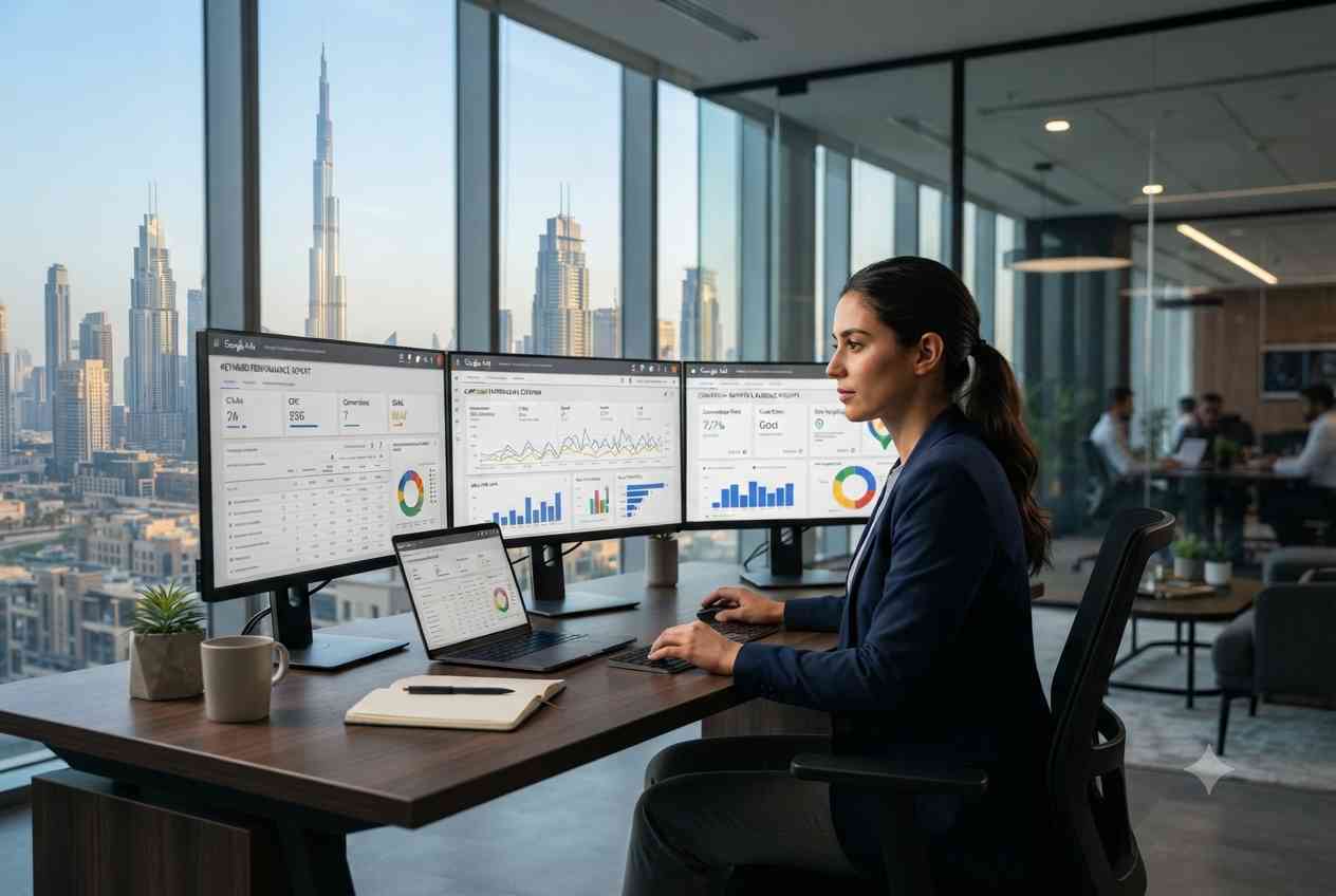 Digital marketing specialist managing PPC advertising campaigns in a modern Dubai office.