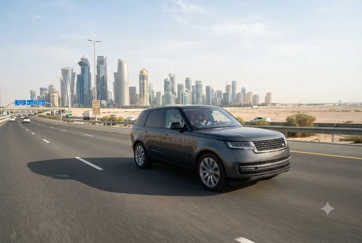 SUV driving on Doha highway with skyline background