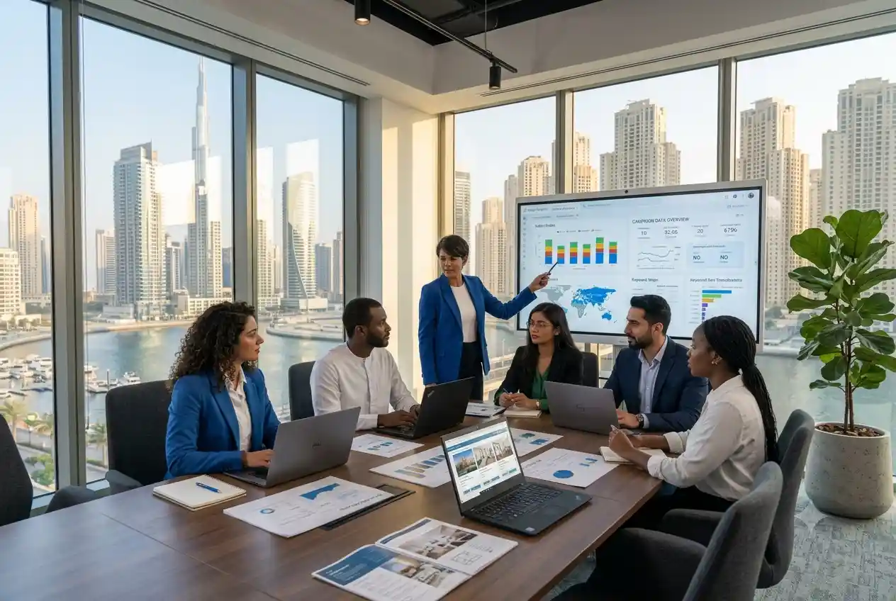 Real estate marketing professionals planning digital campaigns for property lead generation