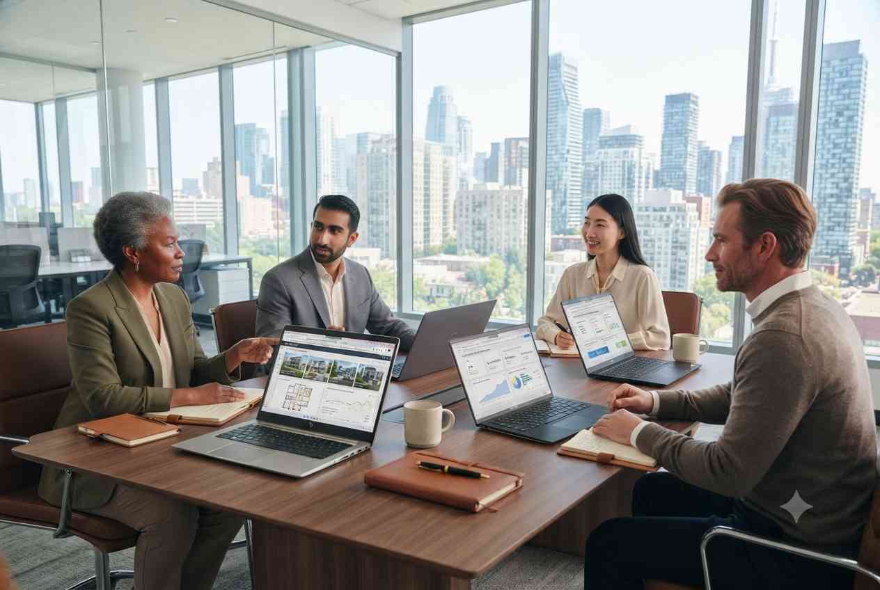 Real estate professionals planning a digital marketing strategy in a modern office.