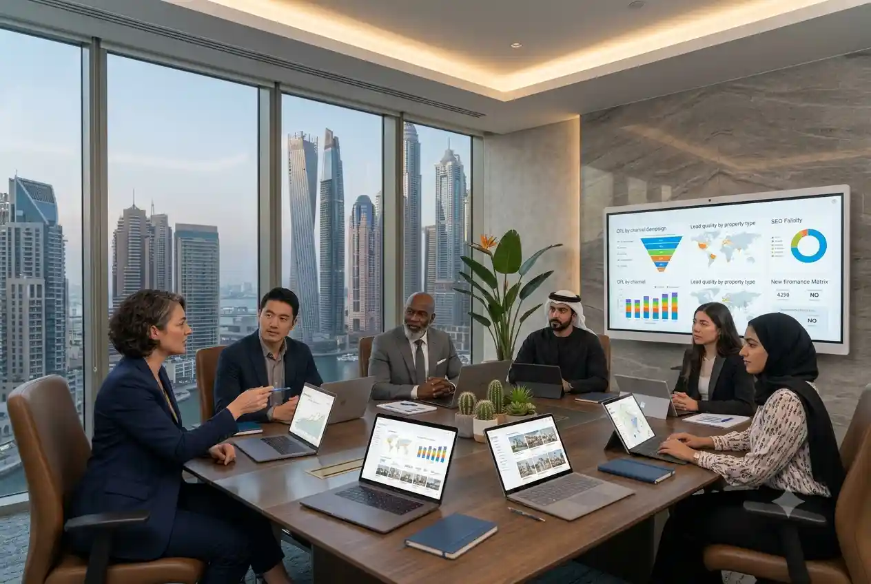 Real estate marketing professionals analyzing digital campaigns and property lead generation strategies