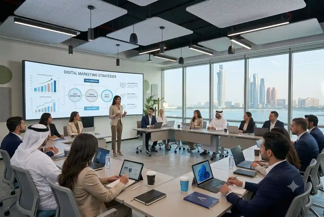 Professionals attending a sales and marketing training course in Dubai