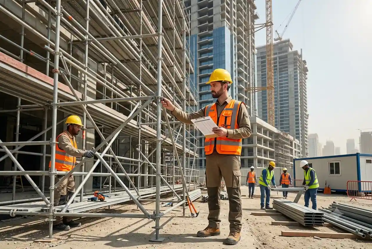 Professional scaffolding inspector performing a scaffold safety inspection on a Dubai construction site