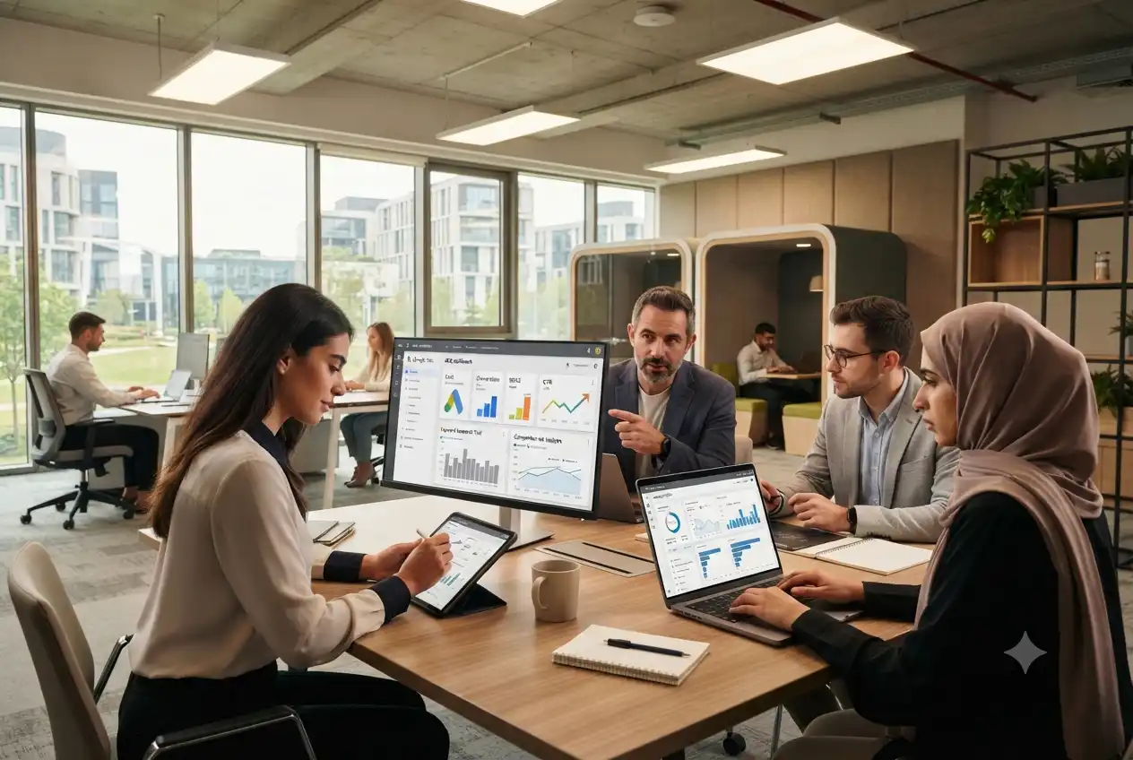 Digital marketing professionals managing SEM campaigns and analytics dashboards
