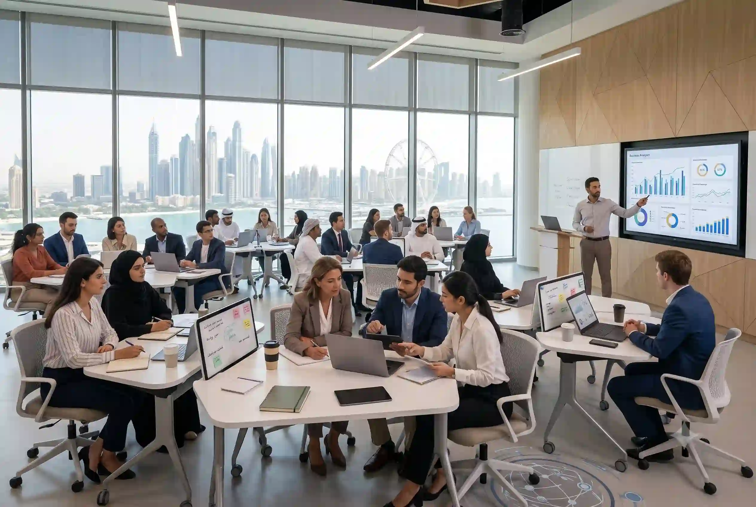 Professionals attending a training session at a modern educational institute in the UAE