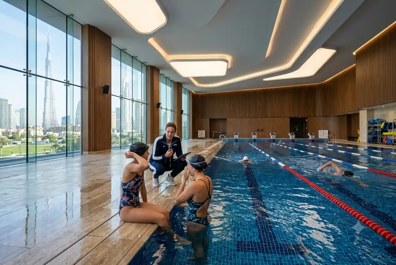 Professional swimming coach training swimmers in a modern Dubai pool