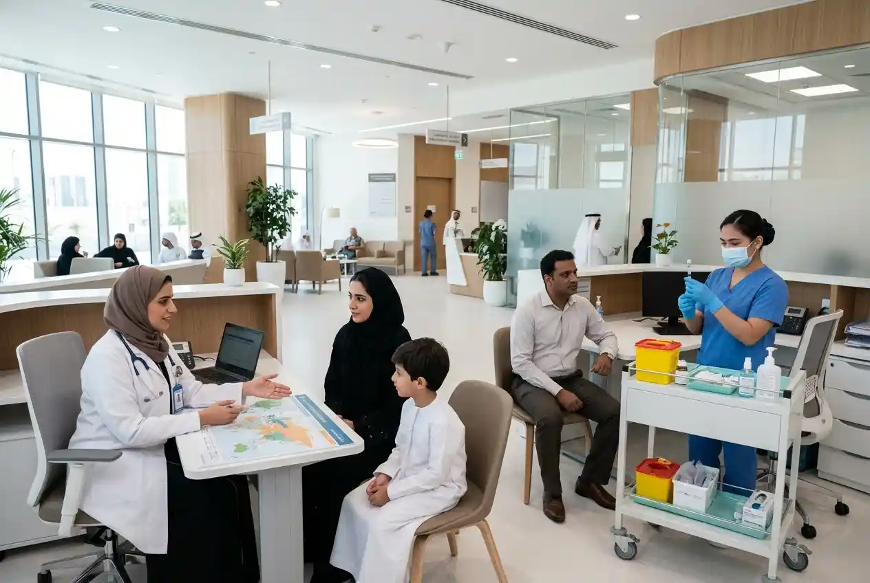 Healthcare professional discussing vaccination services with patient in a UAE medical facility