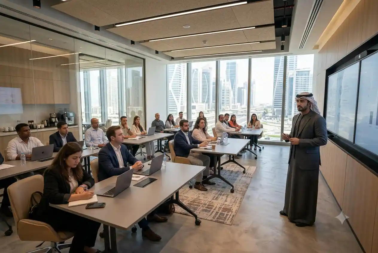 Employees attending workplace awareness and employment guidance training in the UAE