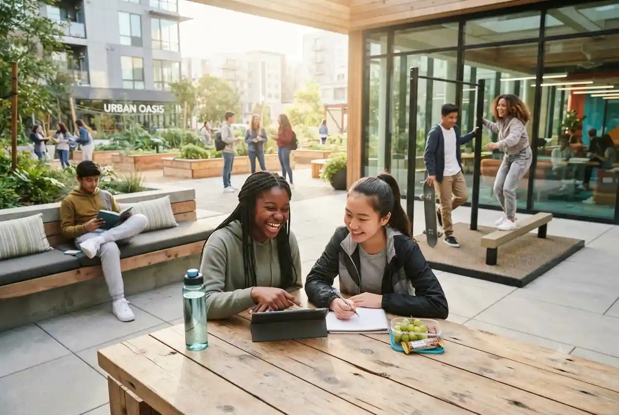 Teenagers practicing healthy habits including fitness, learning, and social development