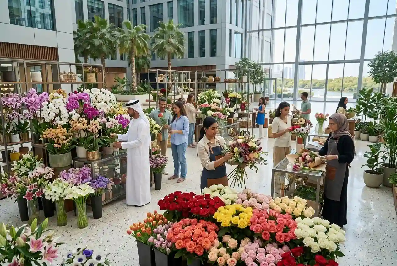 Fresh flowers displayed at a premium flower market in the UAE