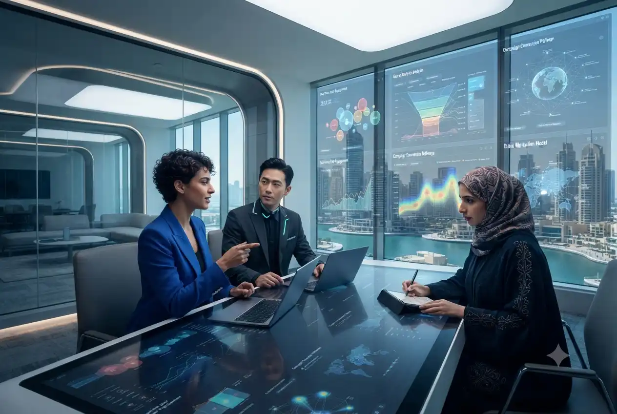 Dubai digital marketing agencies team working in modern office with analytics screens