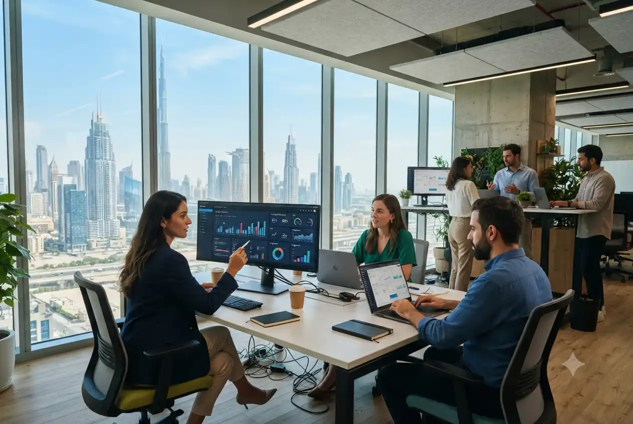digital marketing team working in modern Dubai office with skyline view