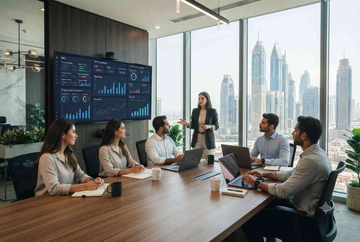 Digital marketing professionals planning online marketing strategies in a modern Dubai office.