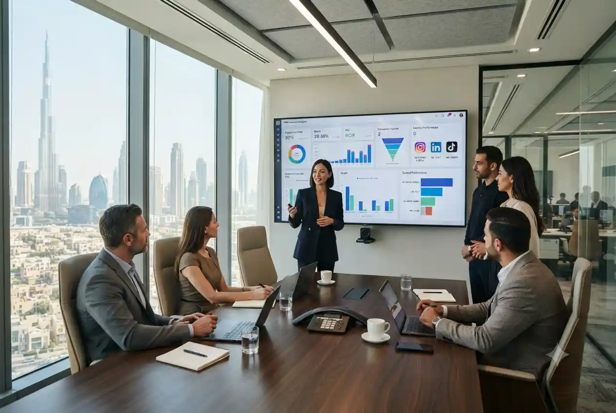 Social media marketing professionals presenting digital campaign strategies to business clients