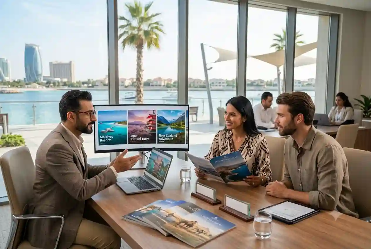 Travel consultant assisting clients with holiday planning in Ajman