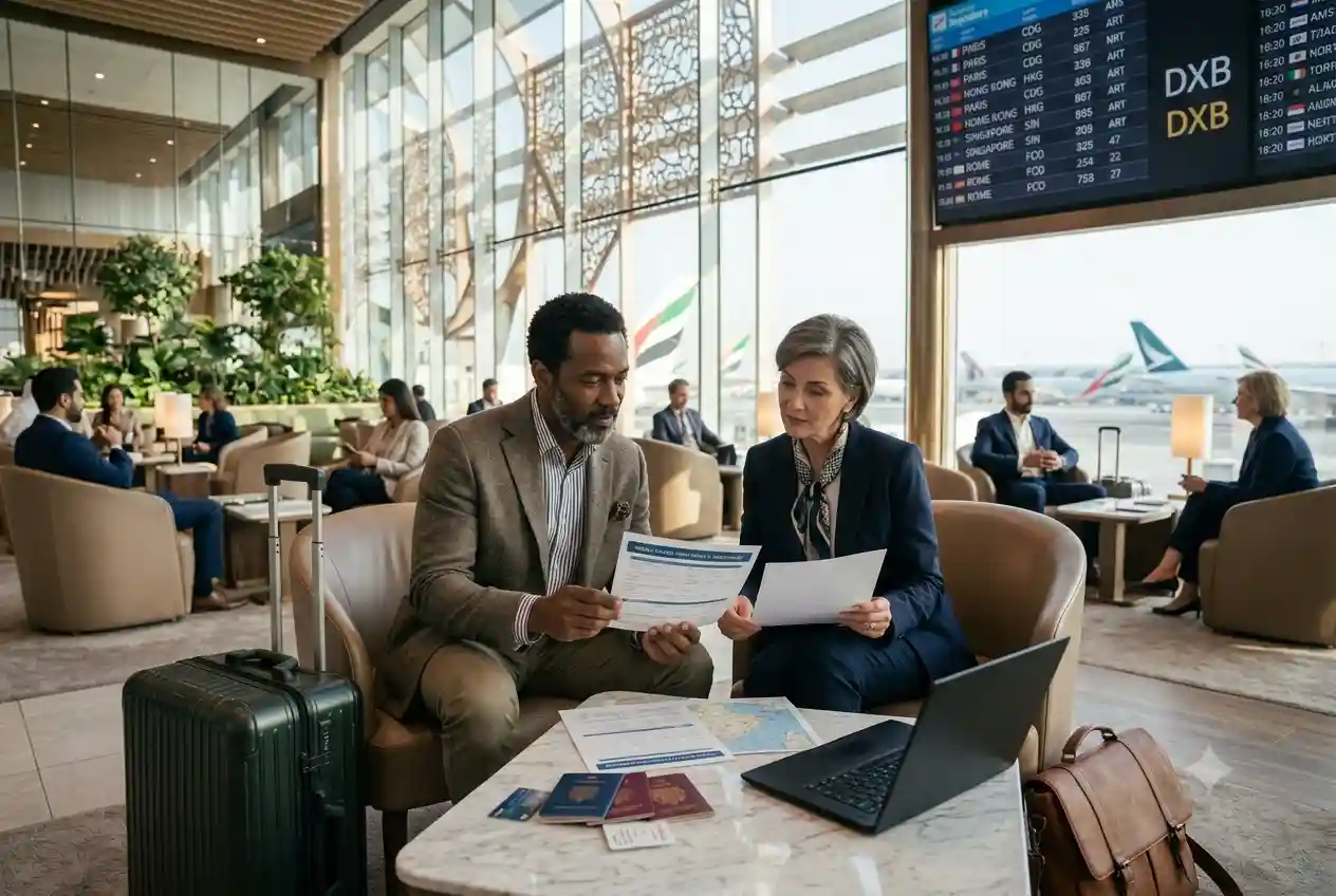 : Travelers at Dubai airport reviewing travel insurance documents before an international trip