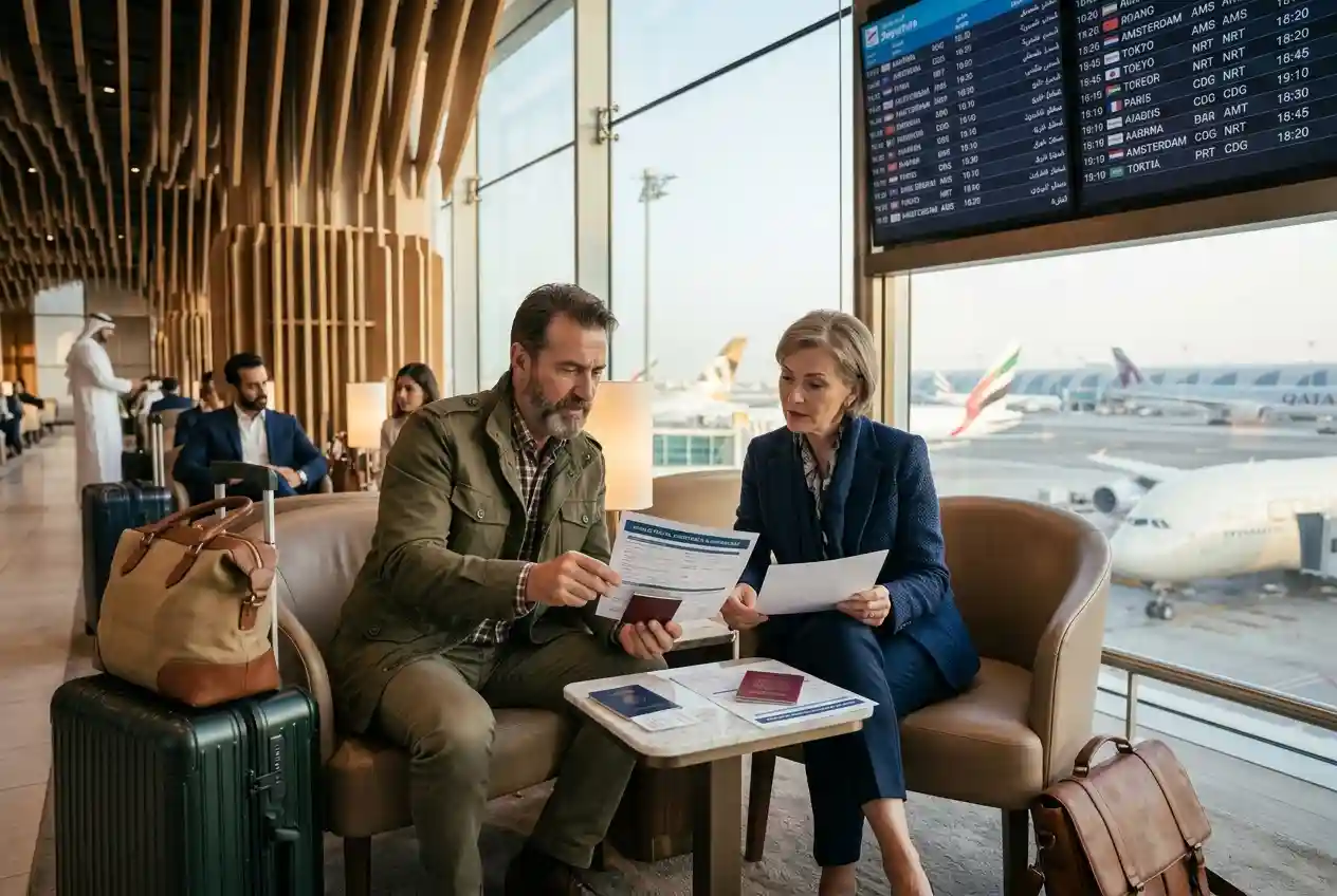 Travelers reviewing travel insurance documents before an international trip