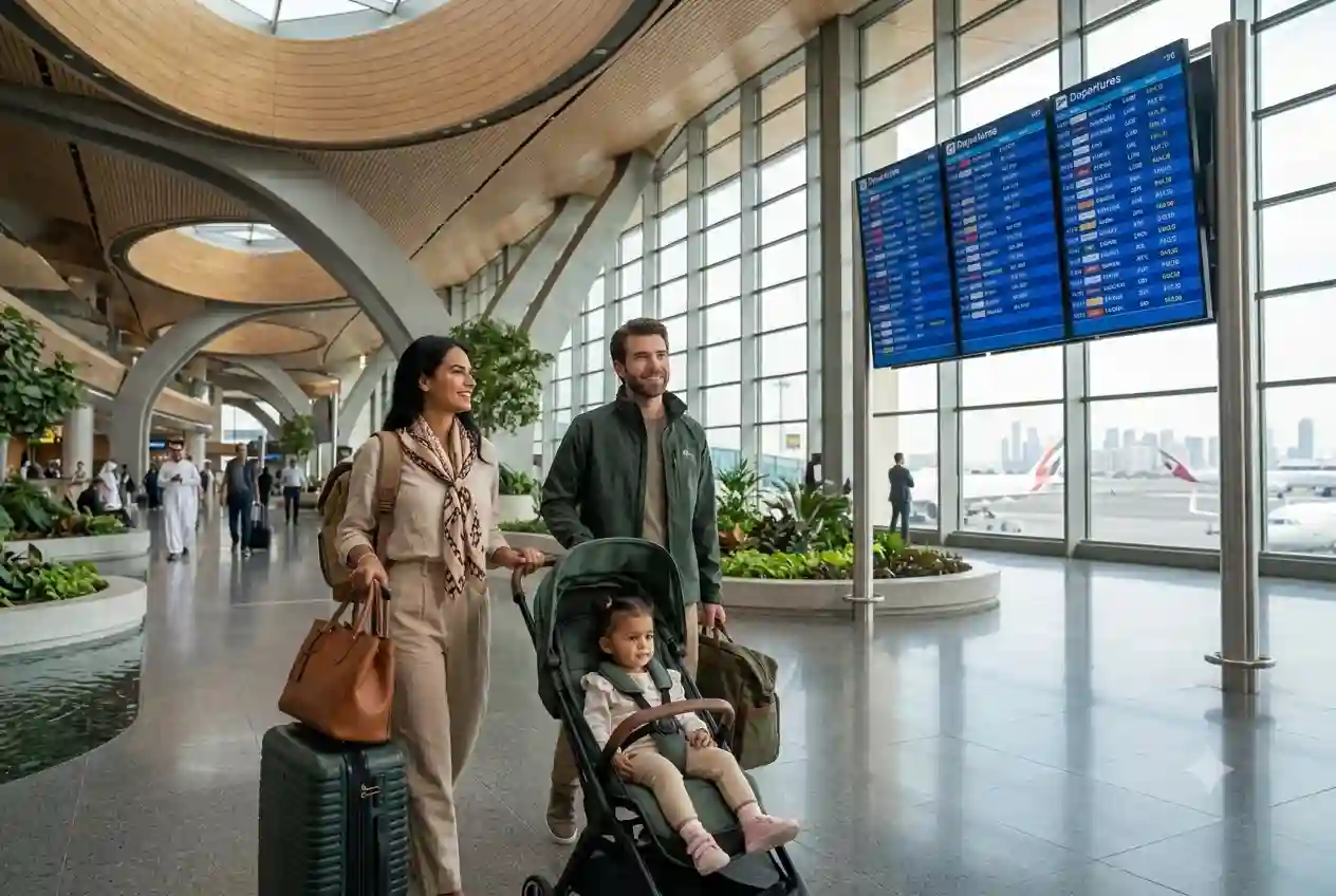 Family using a compact travel stroller while traveling through an airport