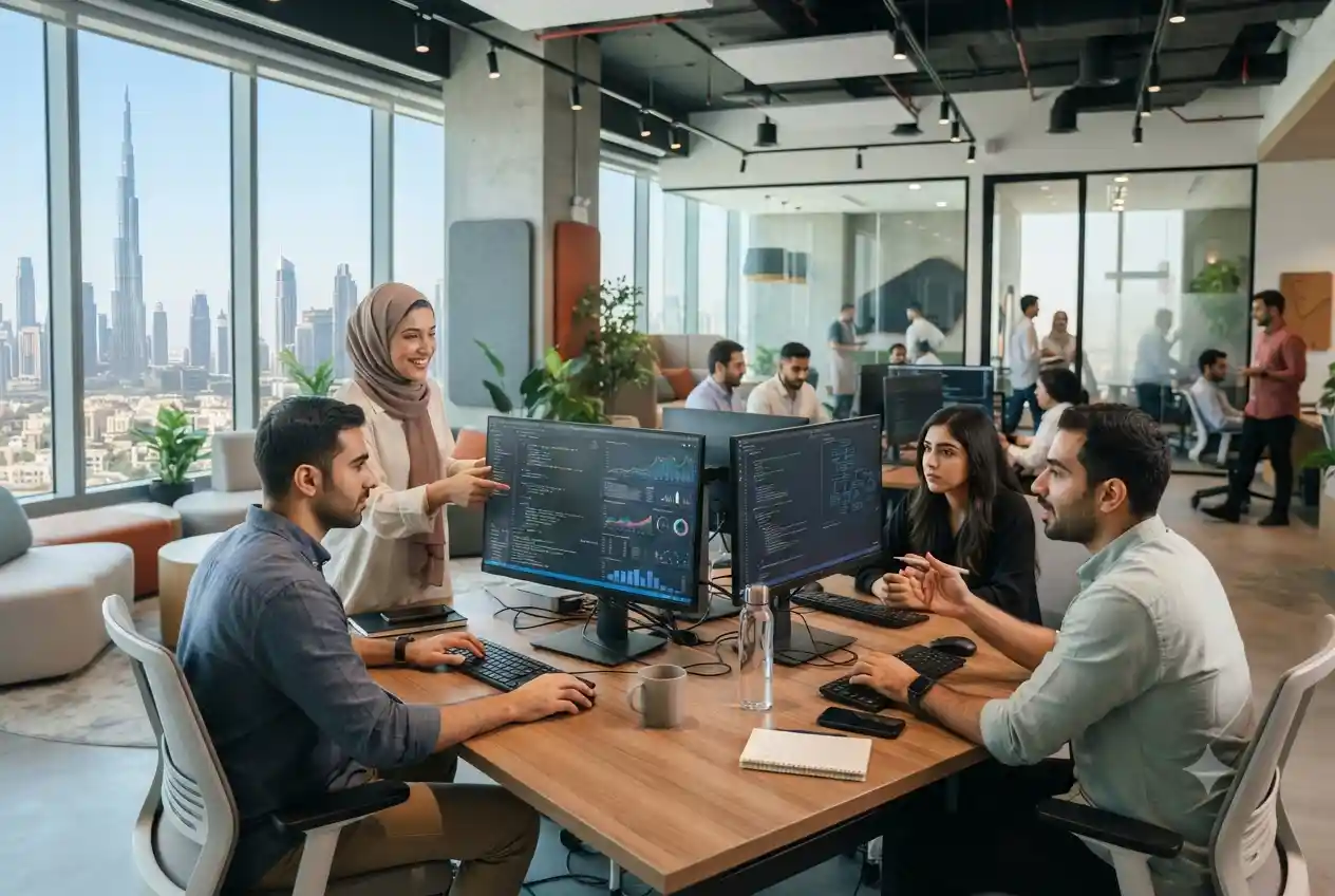 IT professionals working in a modern office with multiple screens